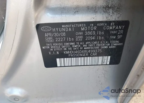 2008 Hyundai Elantra Gls/Se from USA, damaged, VIN KMHDU46D48U499375